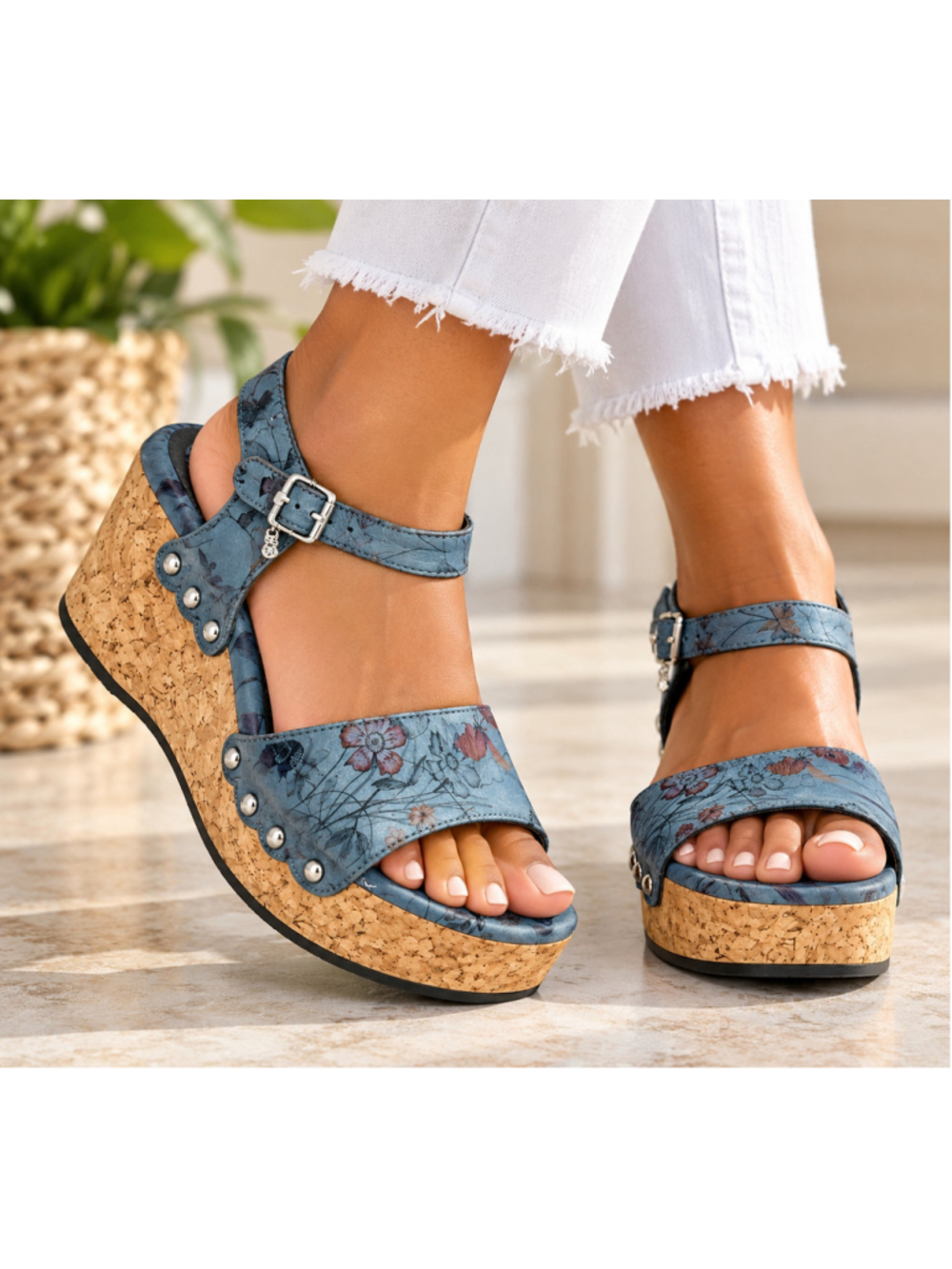 Bussola Mansfield Blue Floral Leather Cork Platform Sandals EU 40-US9